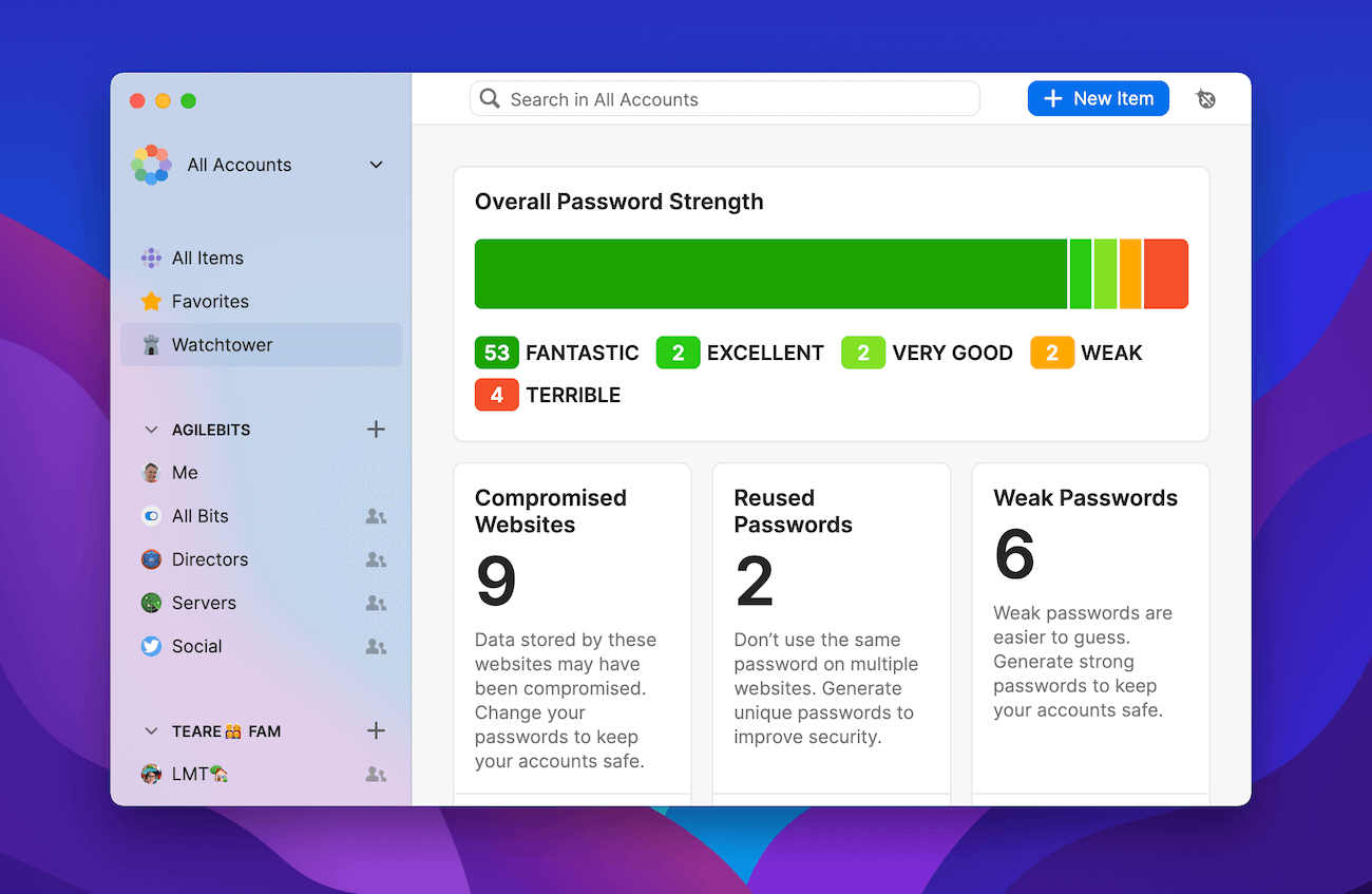 Watchtower Dashboard highlighting your password strength and which items need attention.