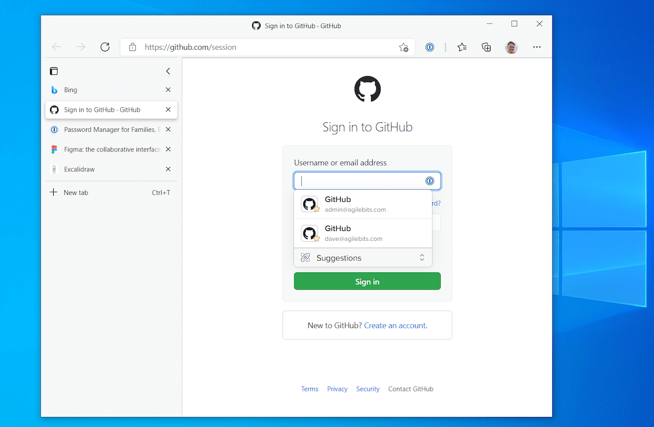 1Password in the Browser displaying an inline menu on GitHub login page