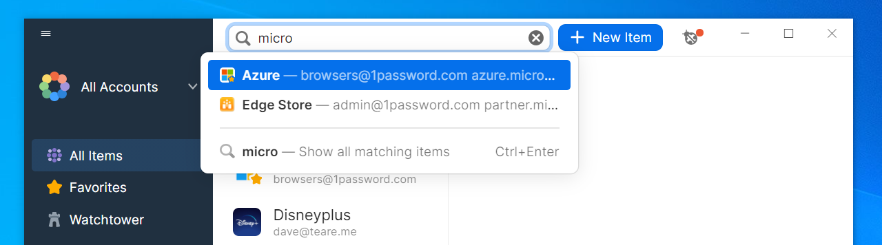 1Password with new Quick Find window open