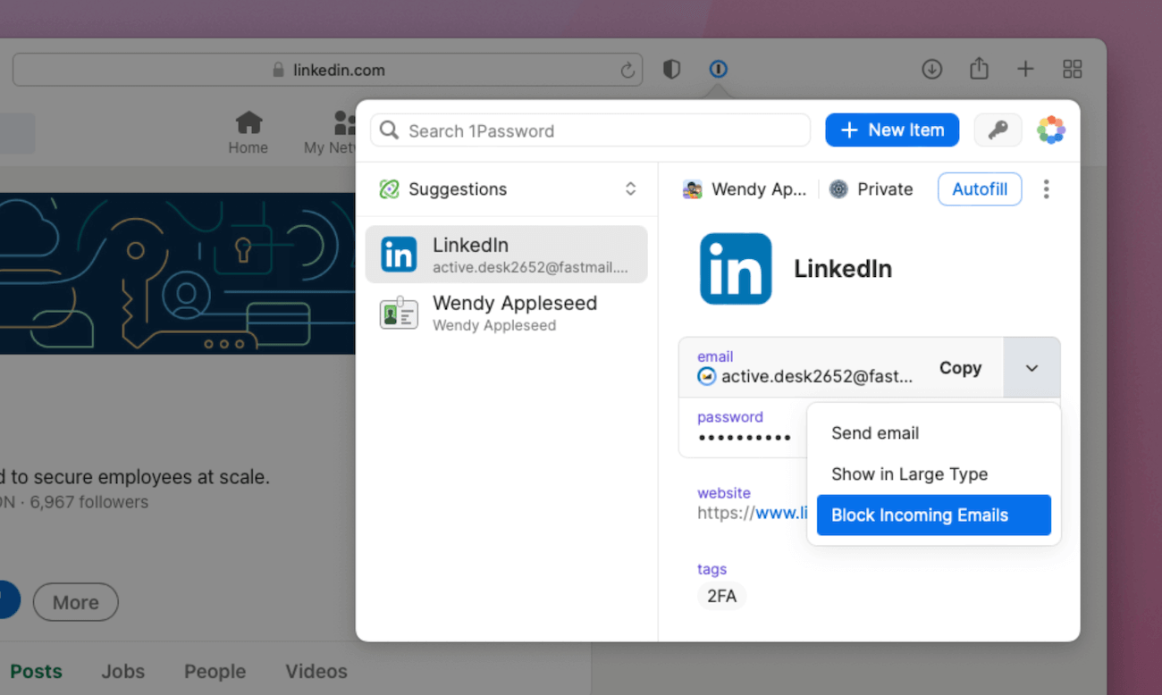 Block unwanted incoming emails with 1Password's Fastmail integration