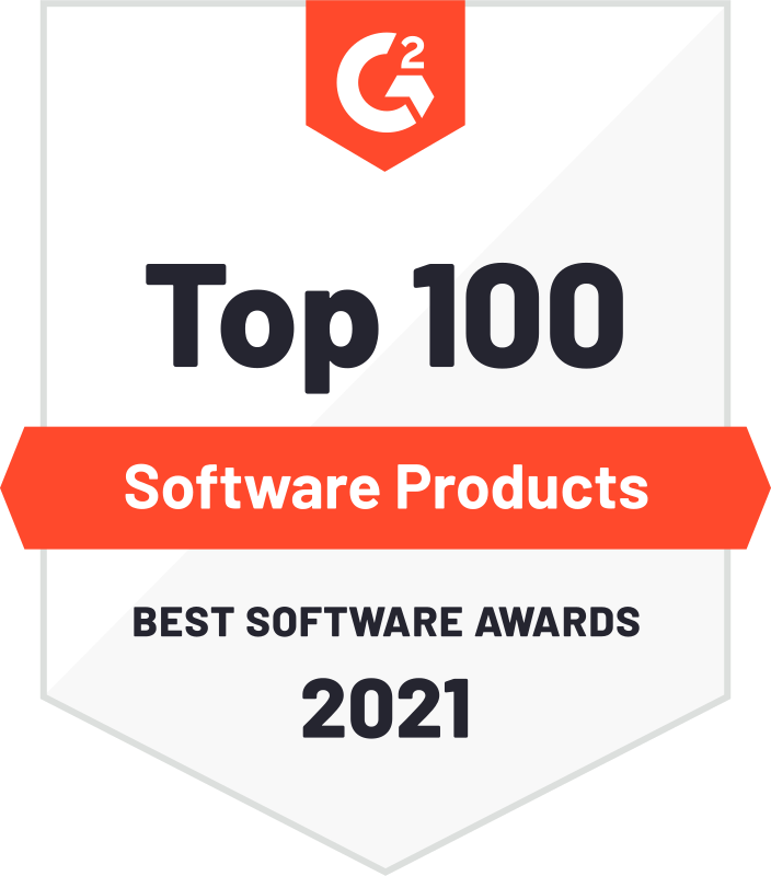 G2 awards badge showing 1Password in the top 100 best software products for 2021