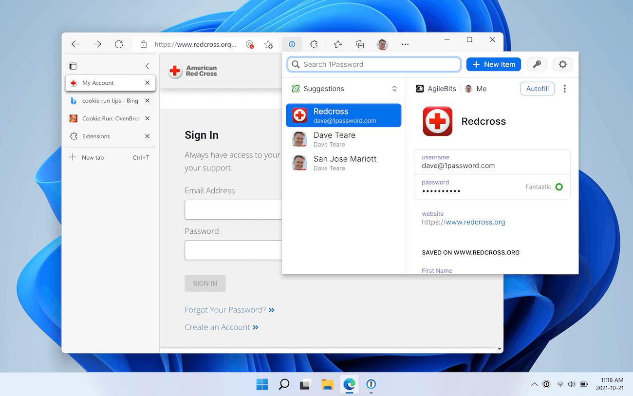 1Password running in Microsoft Edge