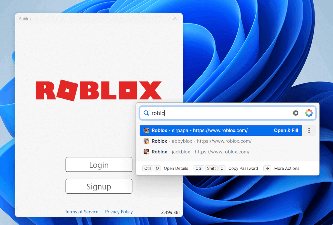 1Password Quick Access opened from within the Roblox app with the matching login suggestions showing