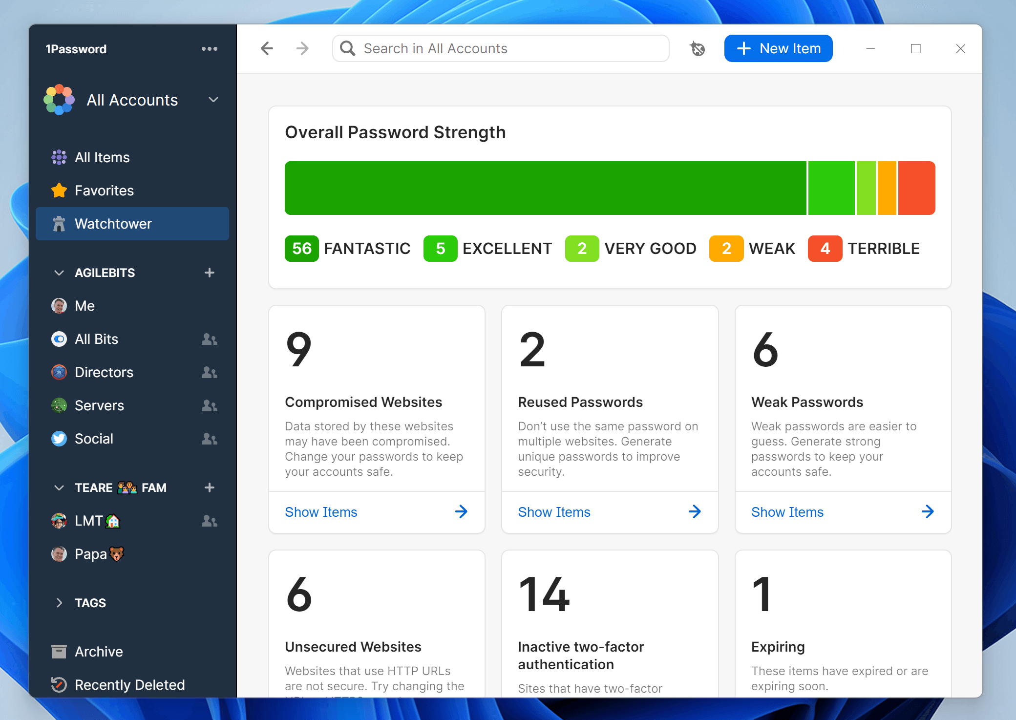 Watchtower Dashboard showing the overall password strength and weak passwords that need attention.