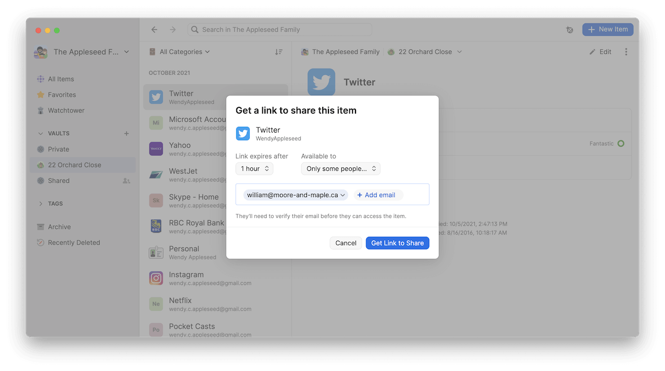 Entering recipient emails with 1Password item sharing