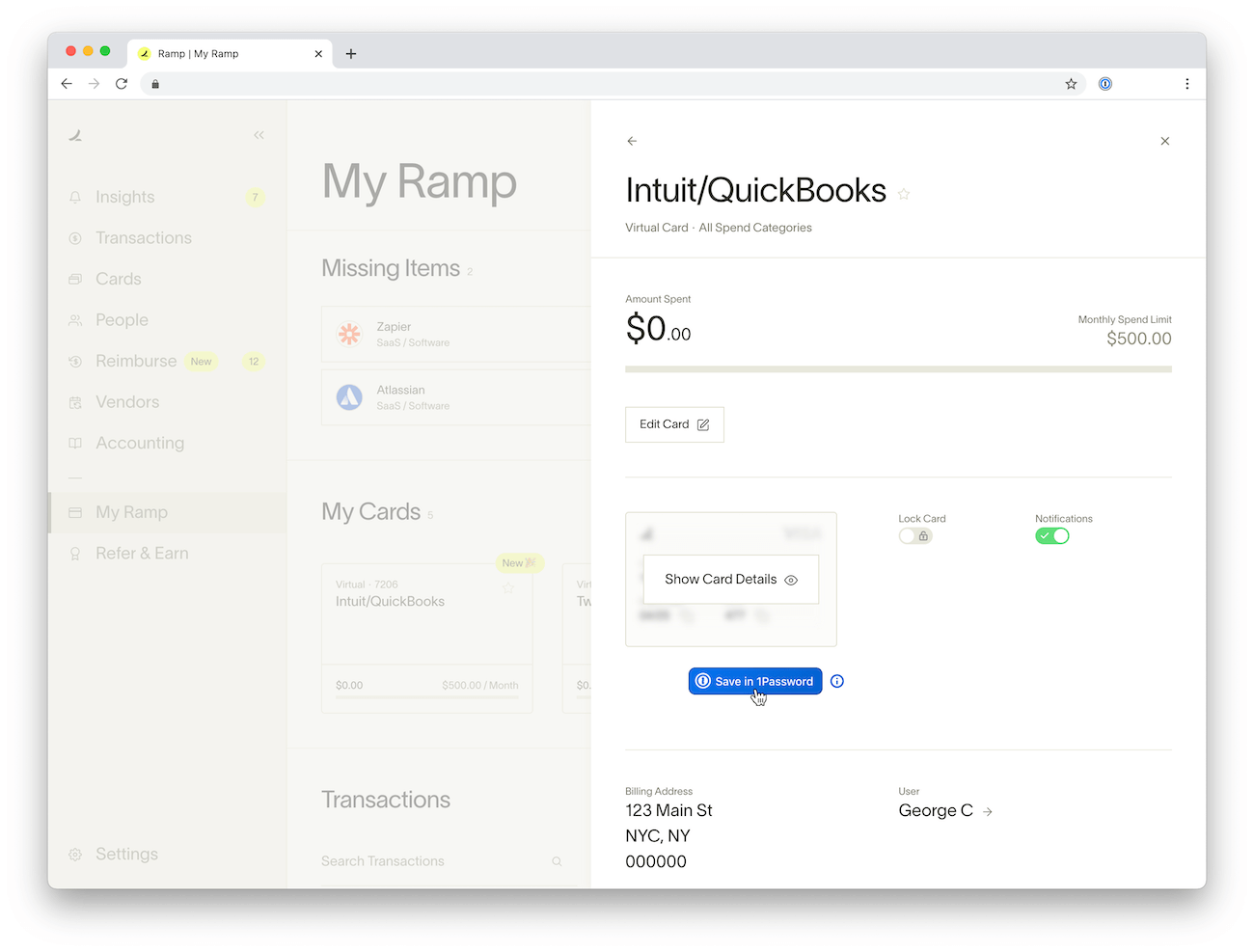 Screenshot showing the the ramp dashboard with a virtual card for intuit quickbooks. The Save in 1Password button appears under the card.