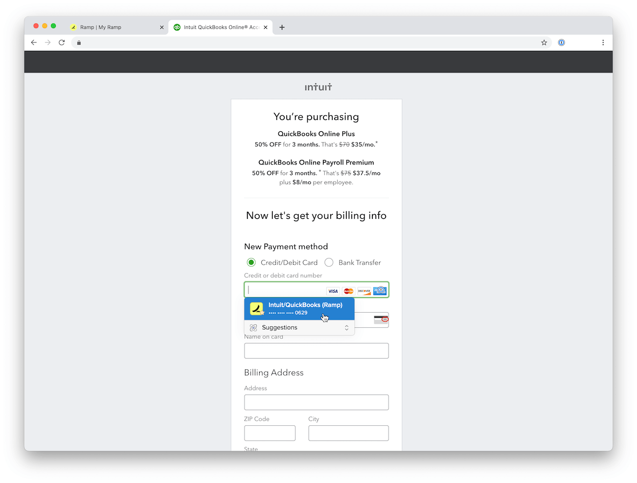 Screenshot showing 1Password suggesting the previously saved ramp card as a payment option when checking out on the Intuit website.