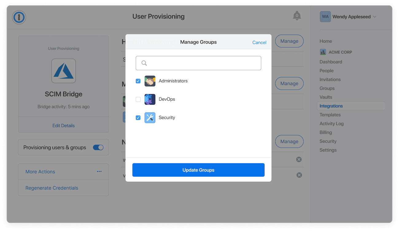 Screenshot showing provisioning dashboard with the manage groups modal open