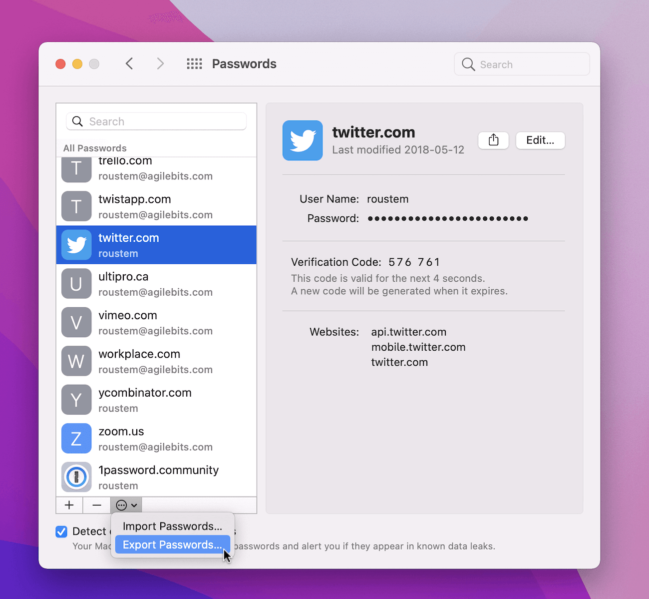 Password export on macOS Monterey