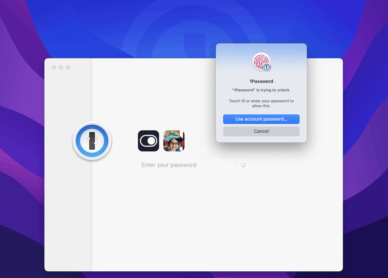 1Password lock window, with Touch ID activated.