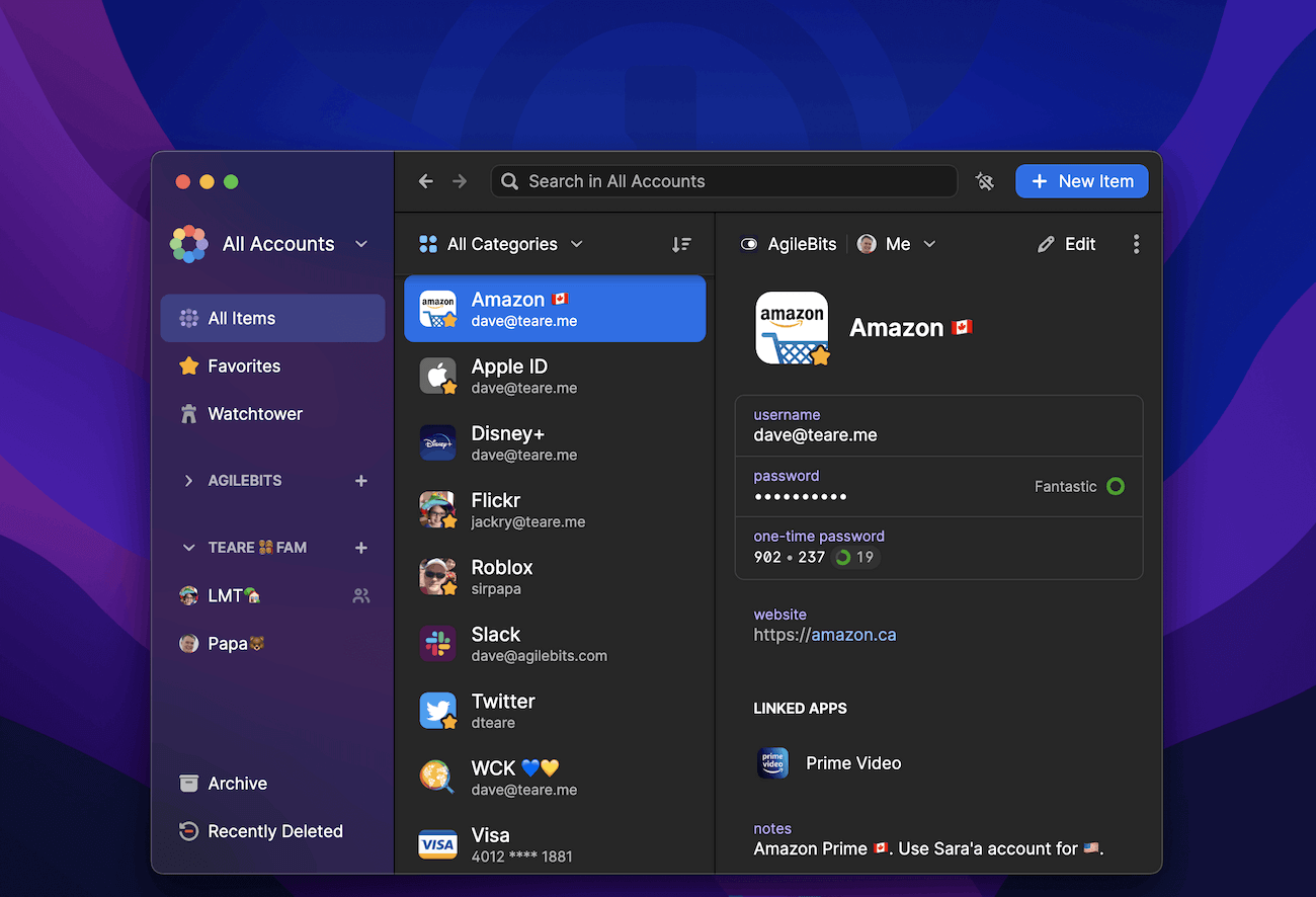 The main 1Password app, unlocked, revealing the gorgeous new design, including a new vibrant sidebar, item list, with my Amazon item details showing.