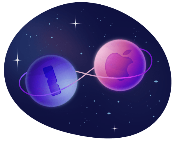 1Password and Apple logos in space, orbiting around one another in the shape of an 8.