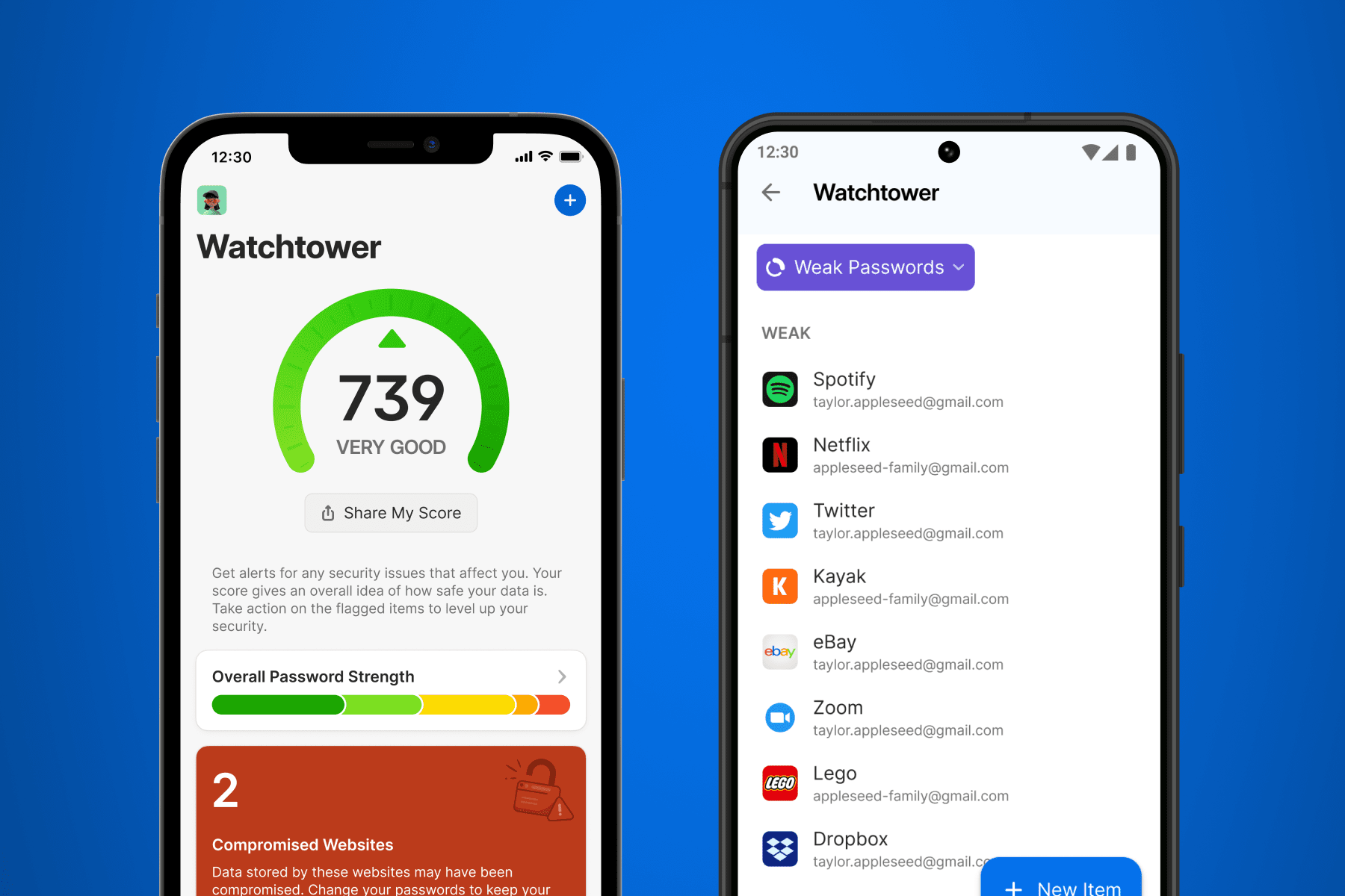 iPhone and Android phone side-by-side displaying the Watchtower dashboard with shareable security score and list of items with weak passwords.