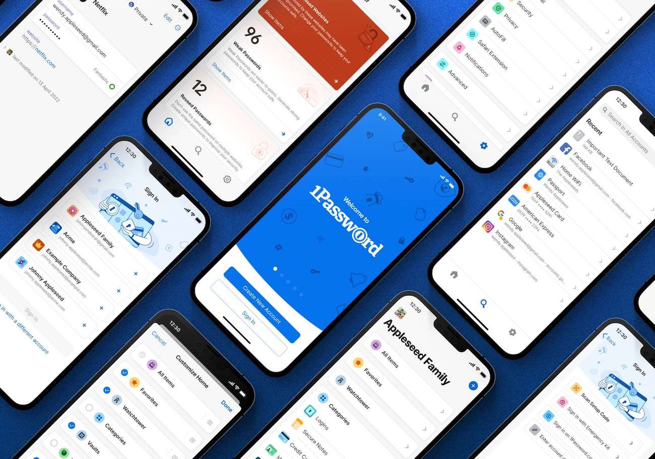 Photo of multiple iPhones displaying various 1Password 8 for iOS screens