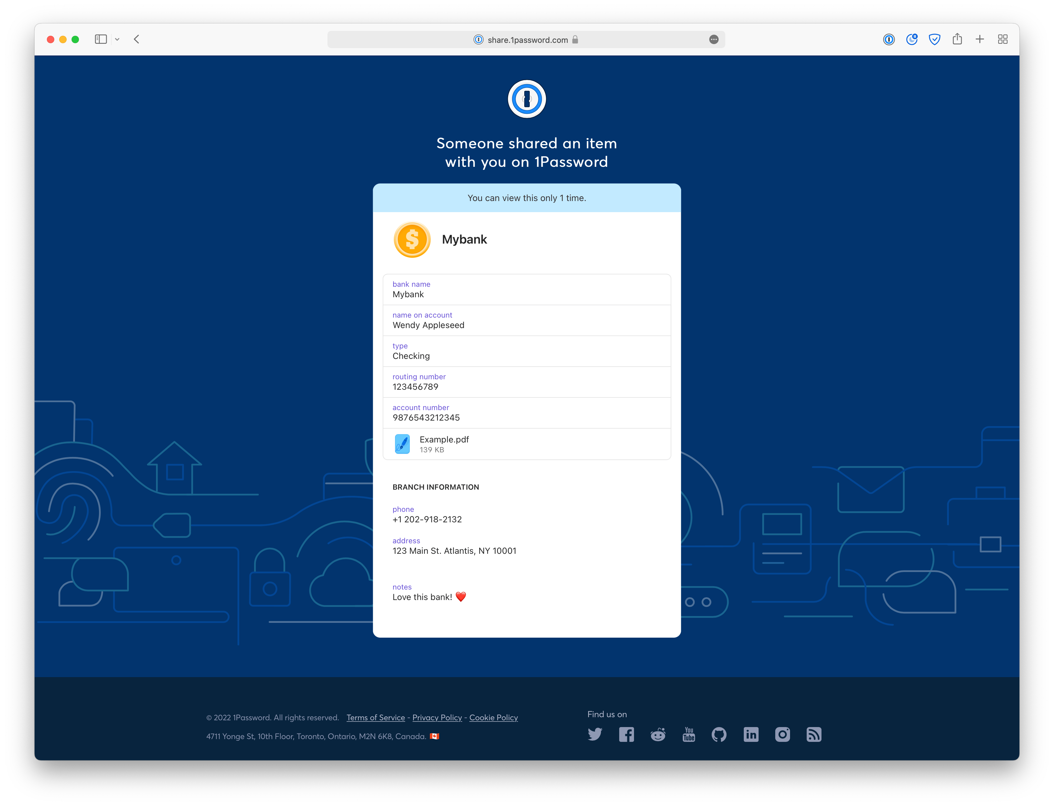 Recipient view of a bank account with attachment shared with 1Password
