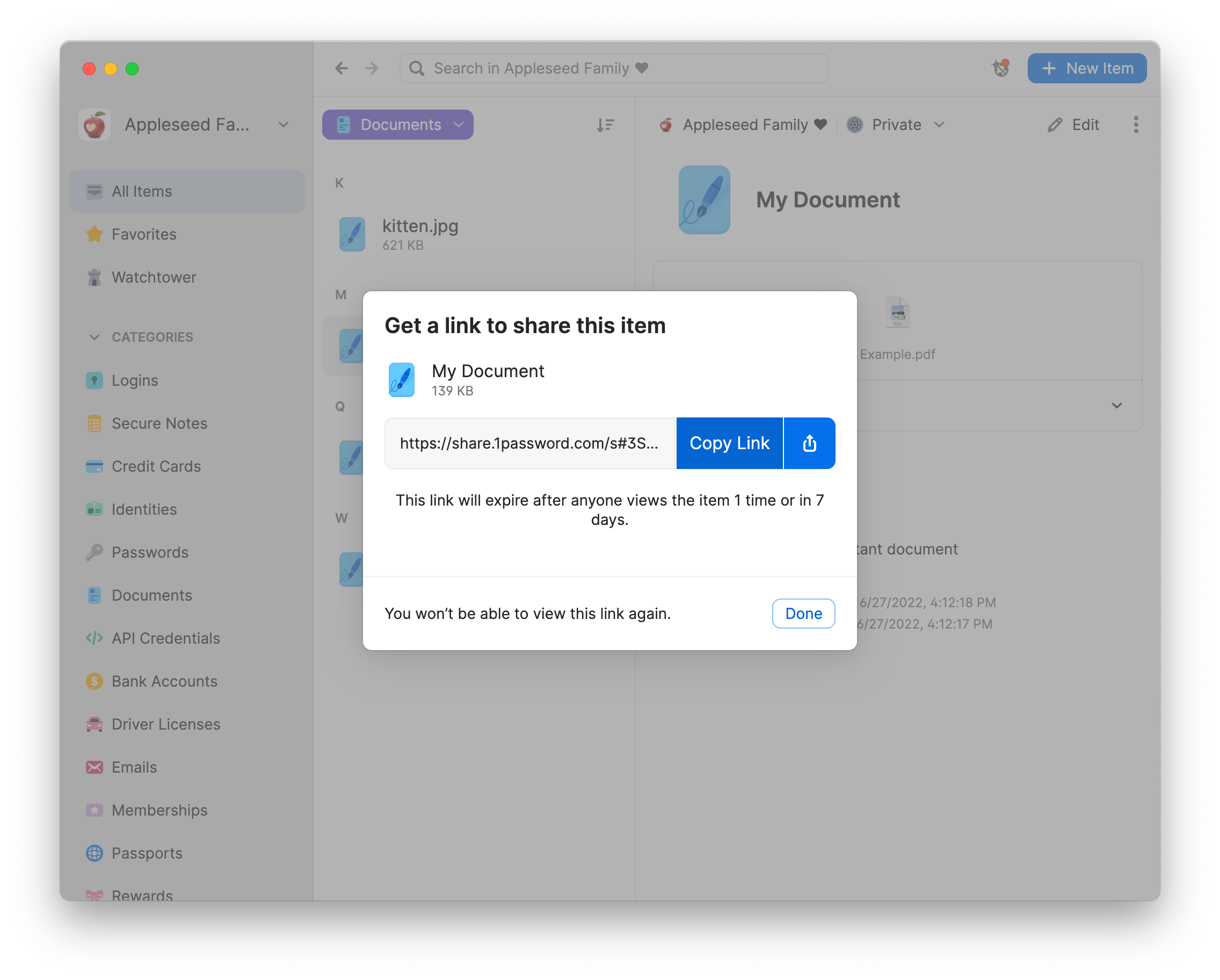 Sharing menu for a document in 1Password