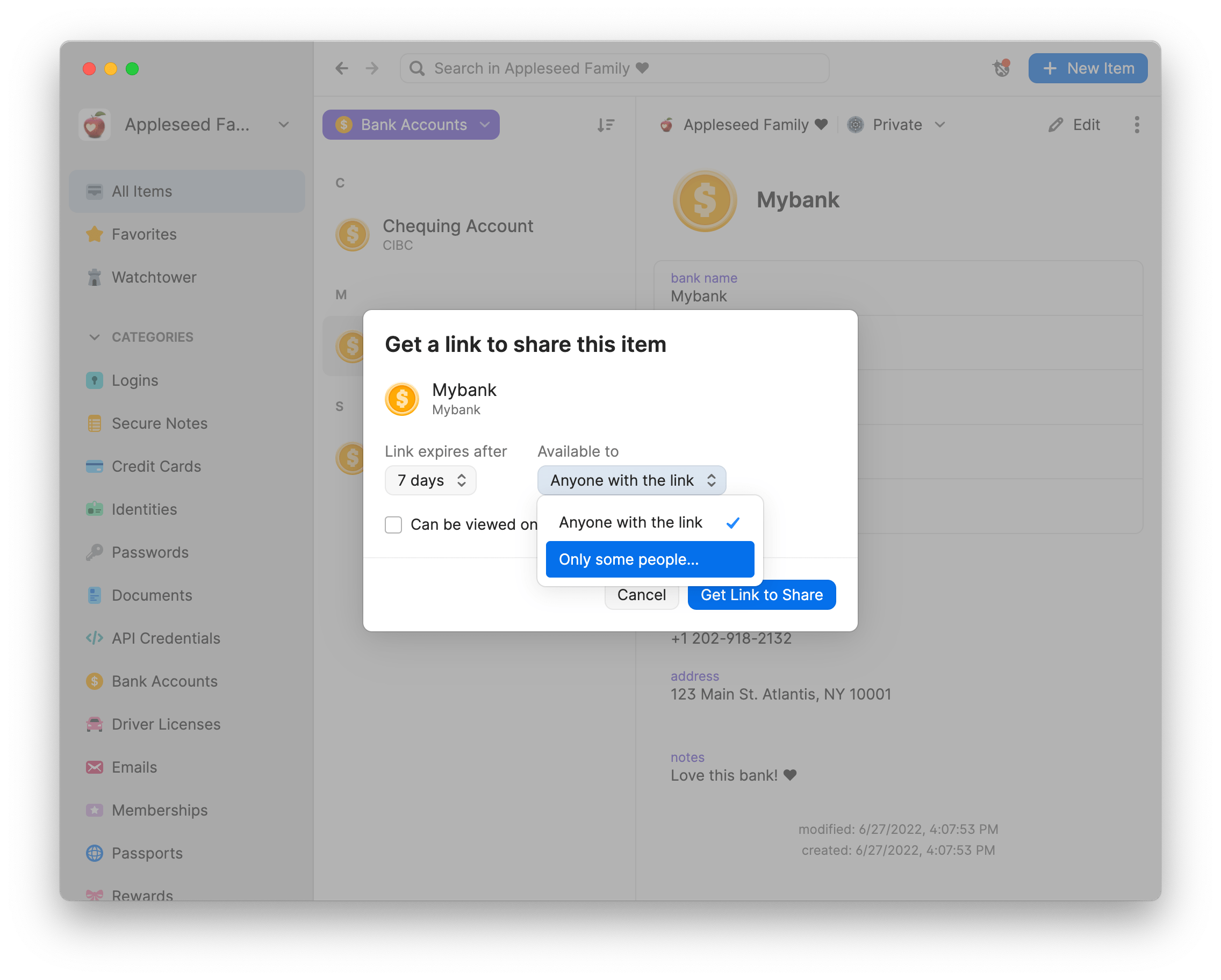 Sharing menu for a bank account in 1Password