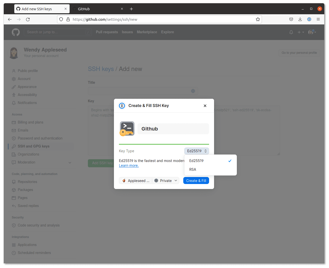 Firefox window open on Github.com and 1Password autofilling an SSH key