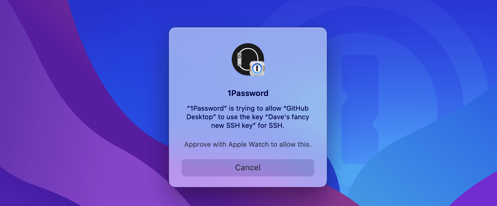 Popup window to authorize SSH key use in 1Password using an Apple Watch