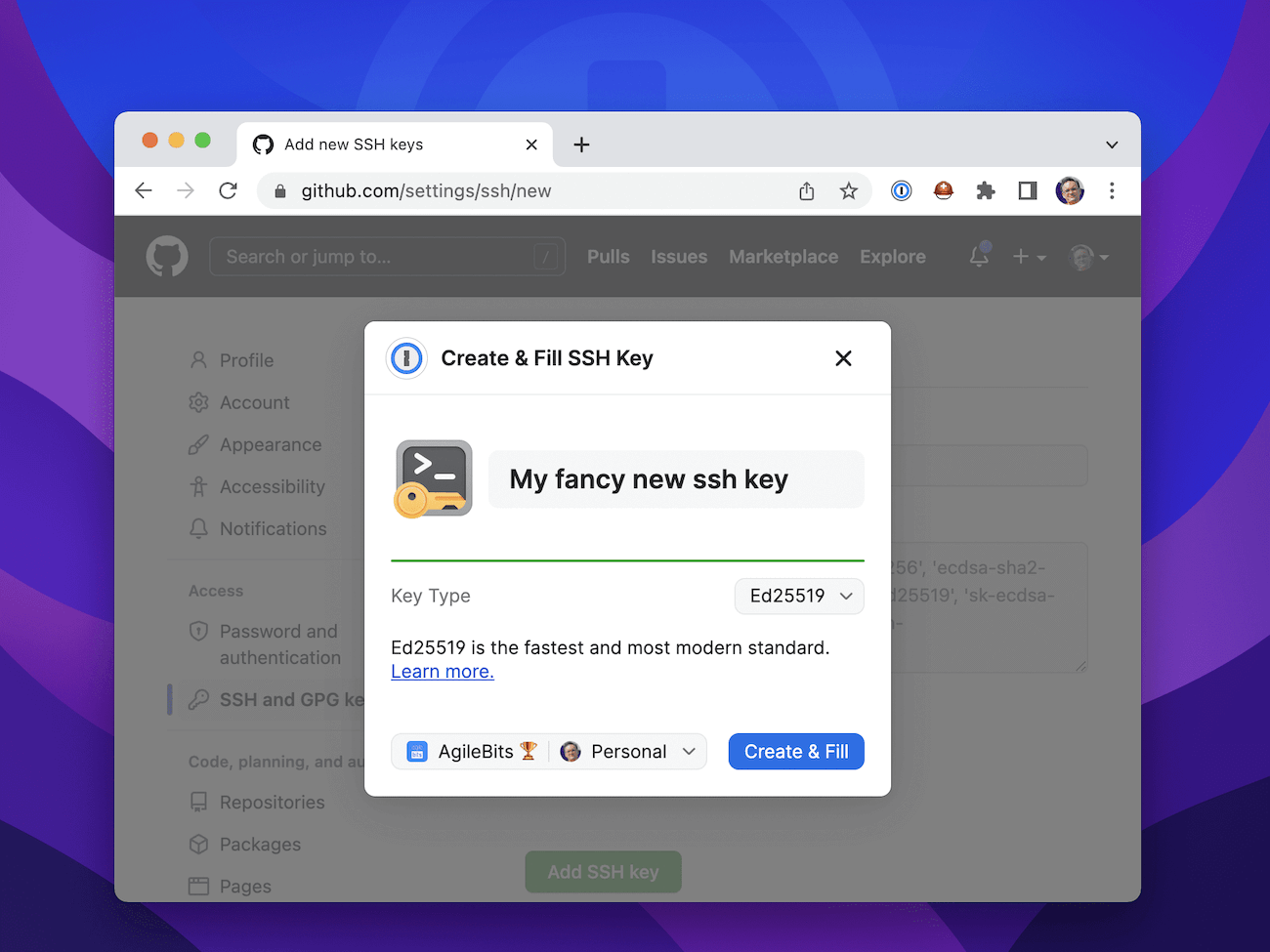 Create and fill SSH key popup on GitHub using 1Password in your browser