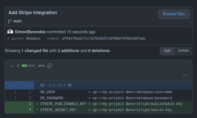 Github commit page authored by Simon Barendse to push changes to .env file including Striple publishable key and secret key.