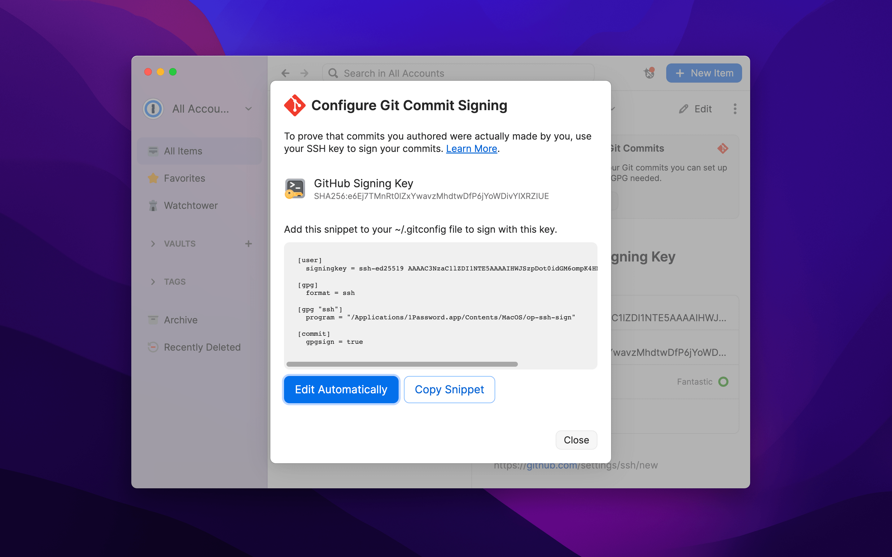 1Password for Mac window displaying a popup modal to configure git commit signing, with options to edit automatically or copy the displayed snippet.