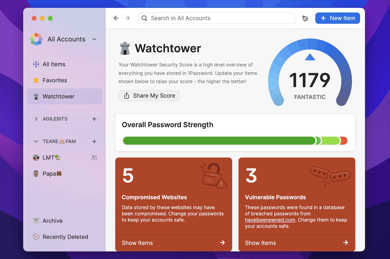 The Watchtower section in 1Password 8 for Mac, showing a security score of 1179