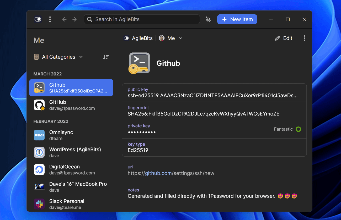 1Password 8 for Windows showing an SSH item titled 'GitHub'