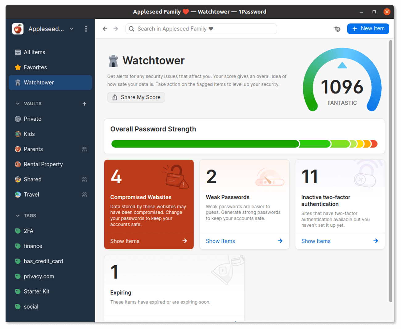 Watchtower in 1Password for Linux with security score at the top and tiles for compromised websites, weak passwords, and inactive two-factor authentication below