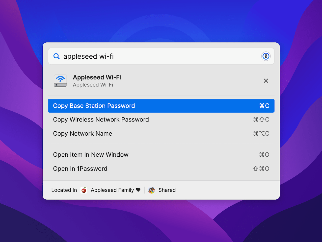 1Password for Mac Quick Access window displaying Wi-Fi item details view. Visible options include copying the base station password, copying the wireless network password, copying the network name, opening the item in a new window, and opening the item in 1Password.