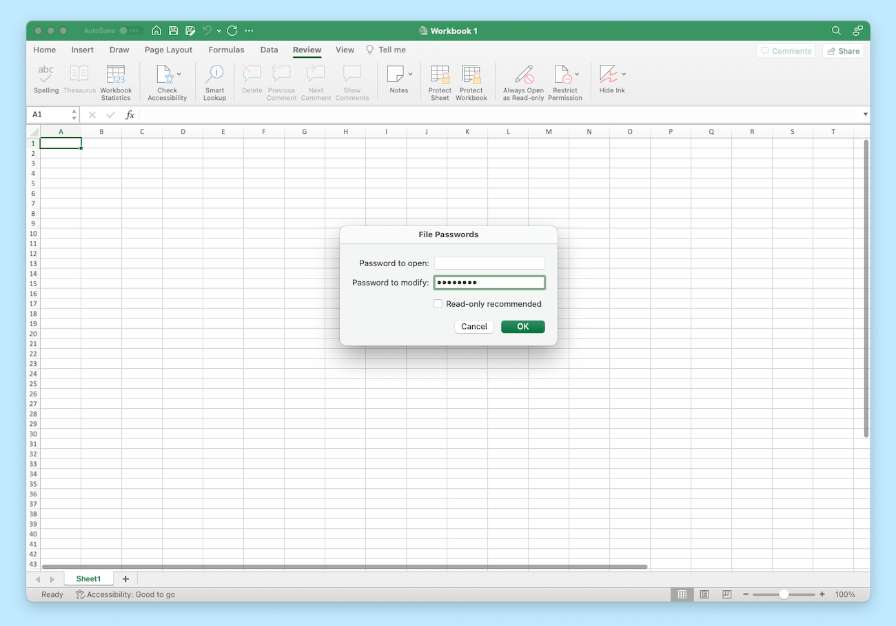 A screenshot captured on a Mac, showing how to set a password that's required to edit an Excel spreadsheet.