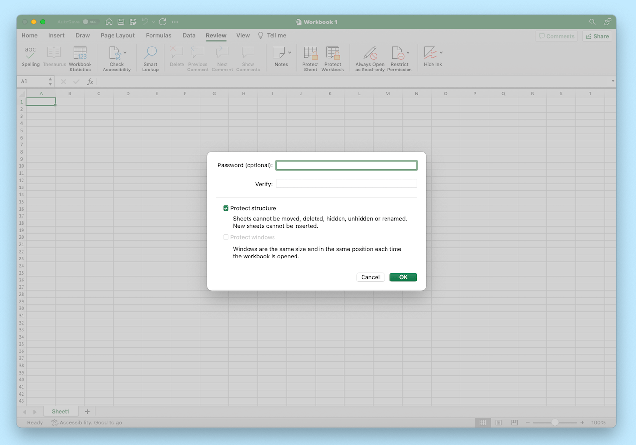A screenshot captured on a Mac, showing how to protect the structure of a Workbook in Excel.