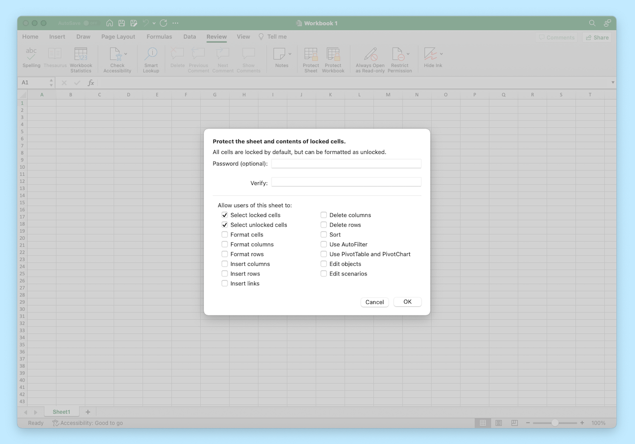 A screenshot captured on a Mac, showing how to protect the structure of a Worksheet in Excel.