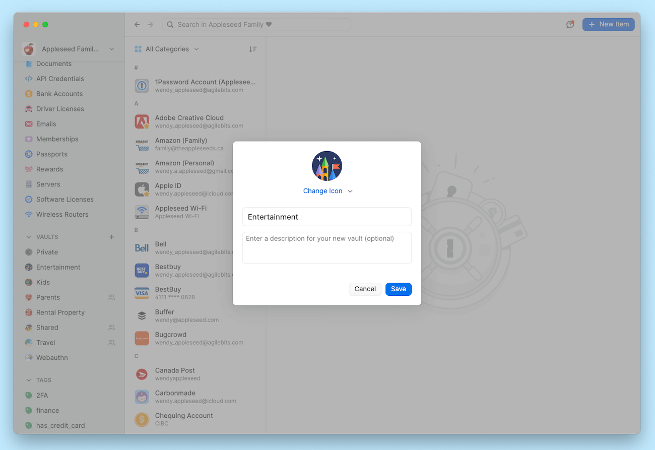A screenshot of 1Password 8 for Mac, showing how to change a vault icon.