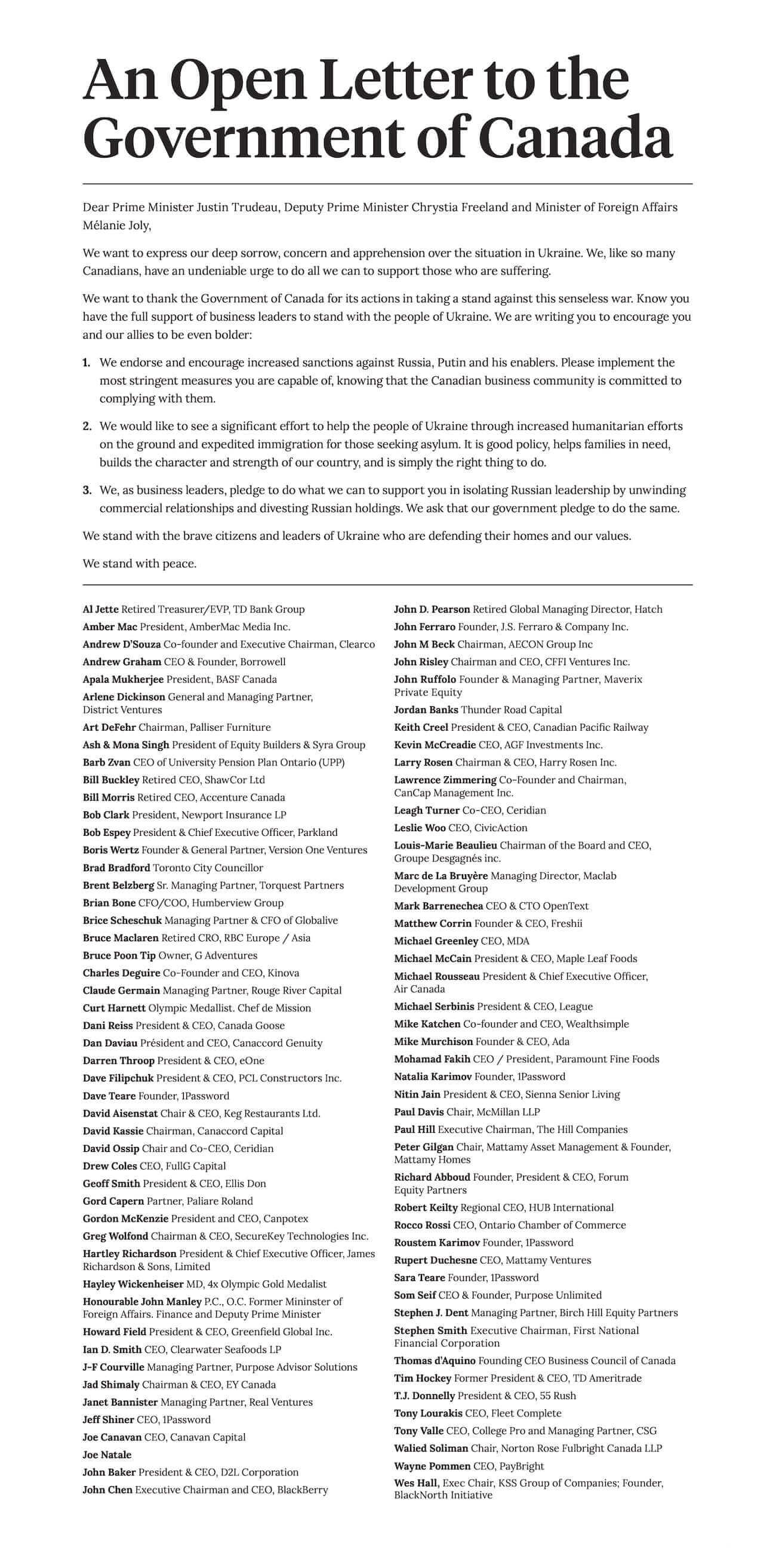 Open letter to the Government of Canada from Canadian business leaders.