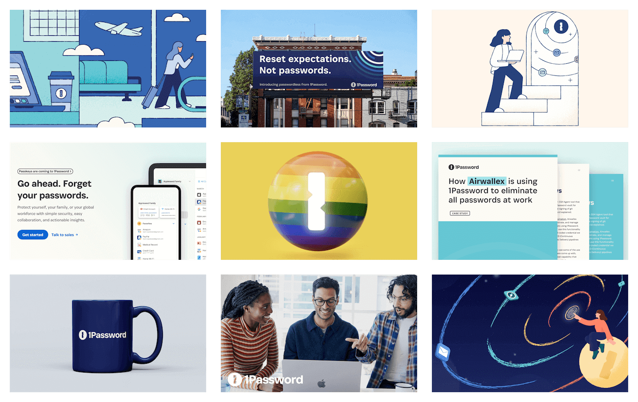 Nine images showing 1Password's new branding in different places and scenarios.