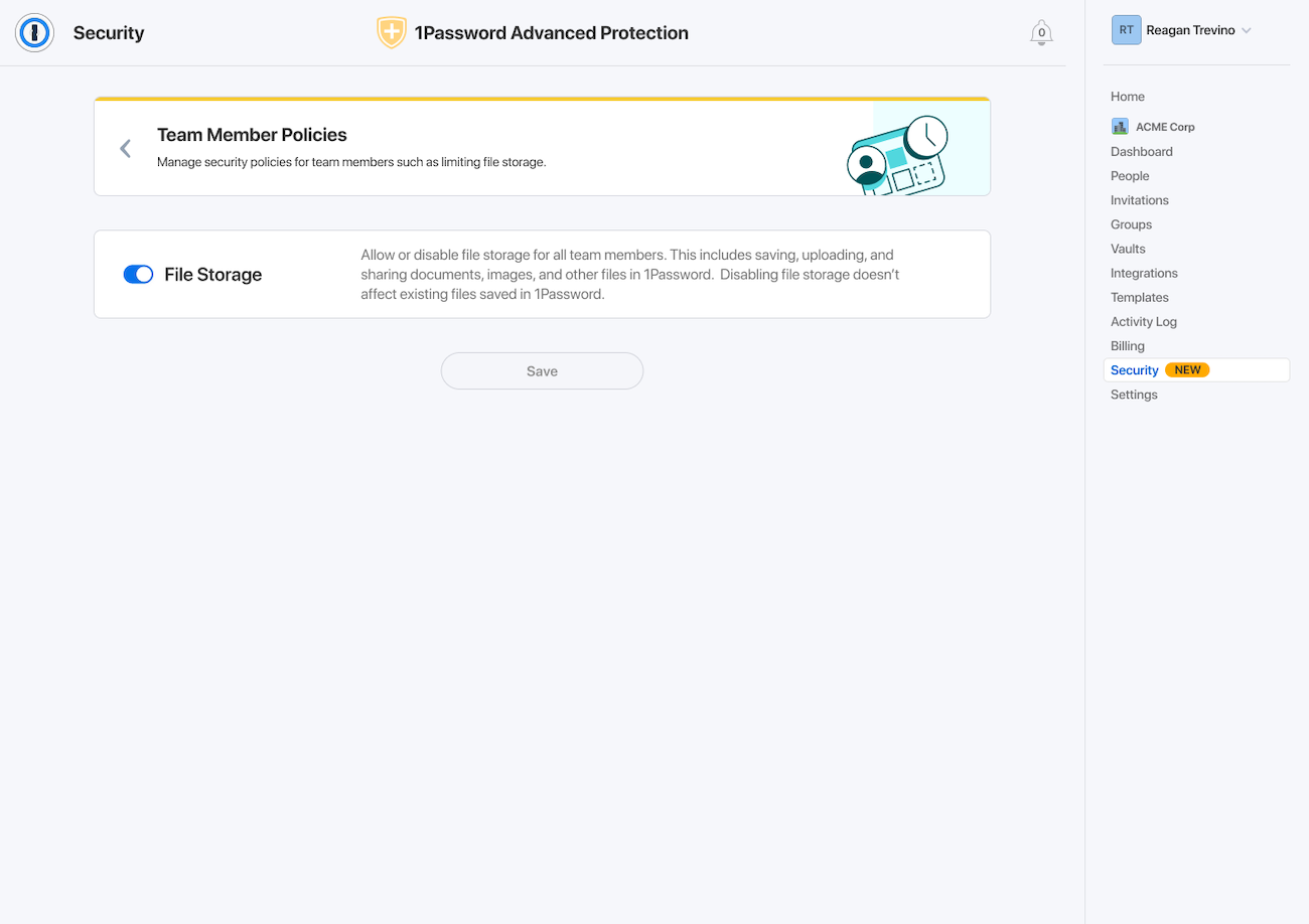 Ein Screenshot, der zeigt, wie Administratoren die Dateispeicherung im webbasierten Dashboard deaktivieren können.
