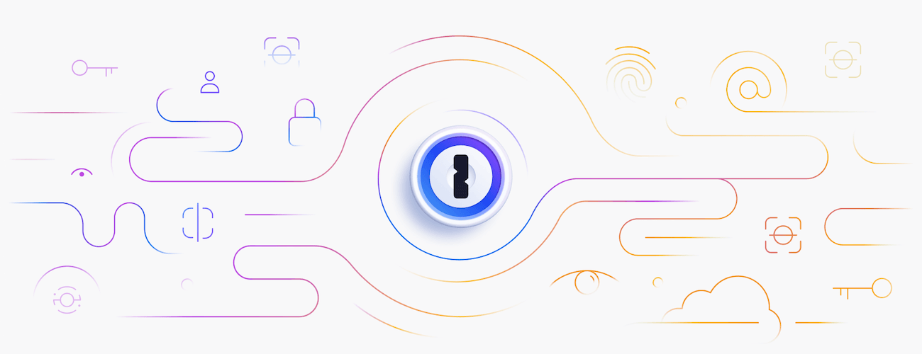 An illustration of the 1Password logo surrounded by icons of clouds, keys, locks, fingerprints, and more.