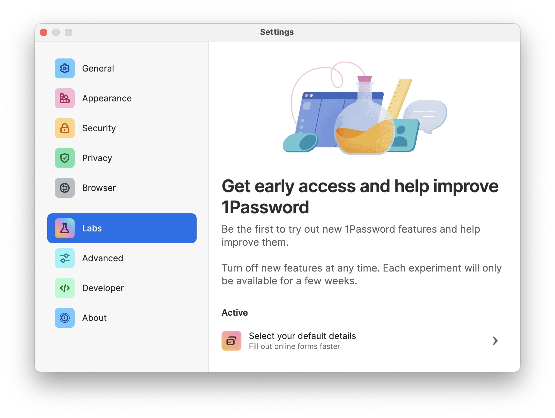 A screenshot of the 1Password app's Settings menu with the Labs tab highlighted.