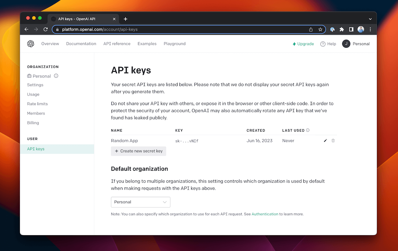 A screenshot of a page from the OpenAI website with an example API key.