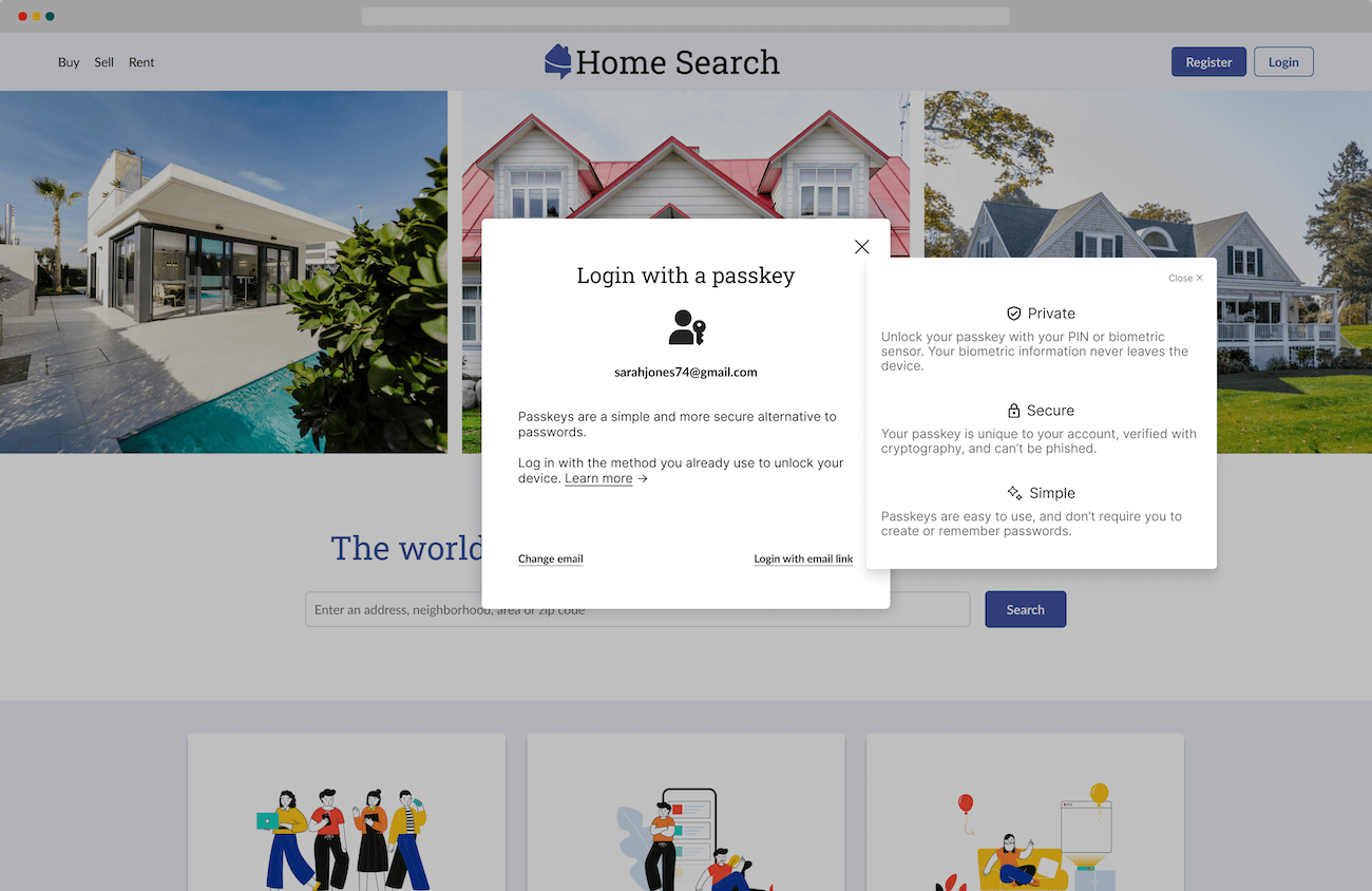 A screenshot of a property website with a Passkey Complete login window.
