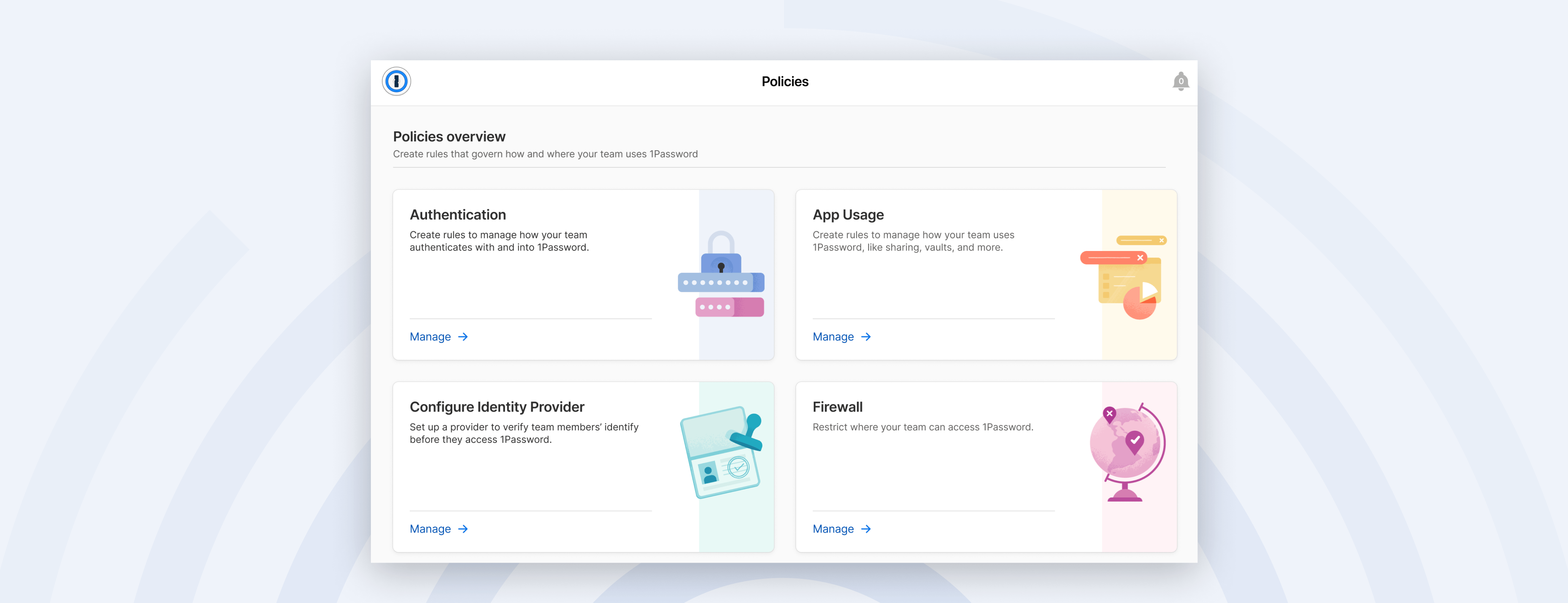 Easily govern how and where teams use 1Password from the new policies page