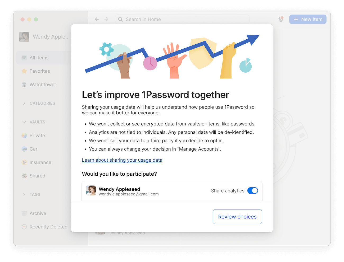 A screenshot showing the in-app message for 1Password's privacy-preserving telemetry system.