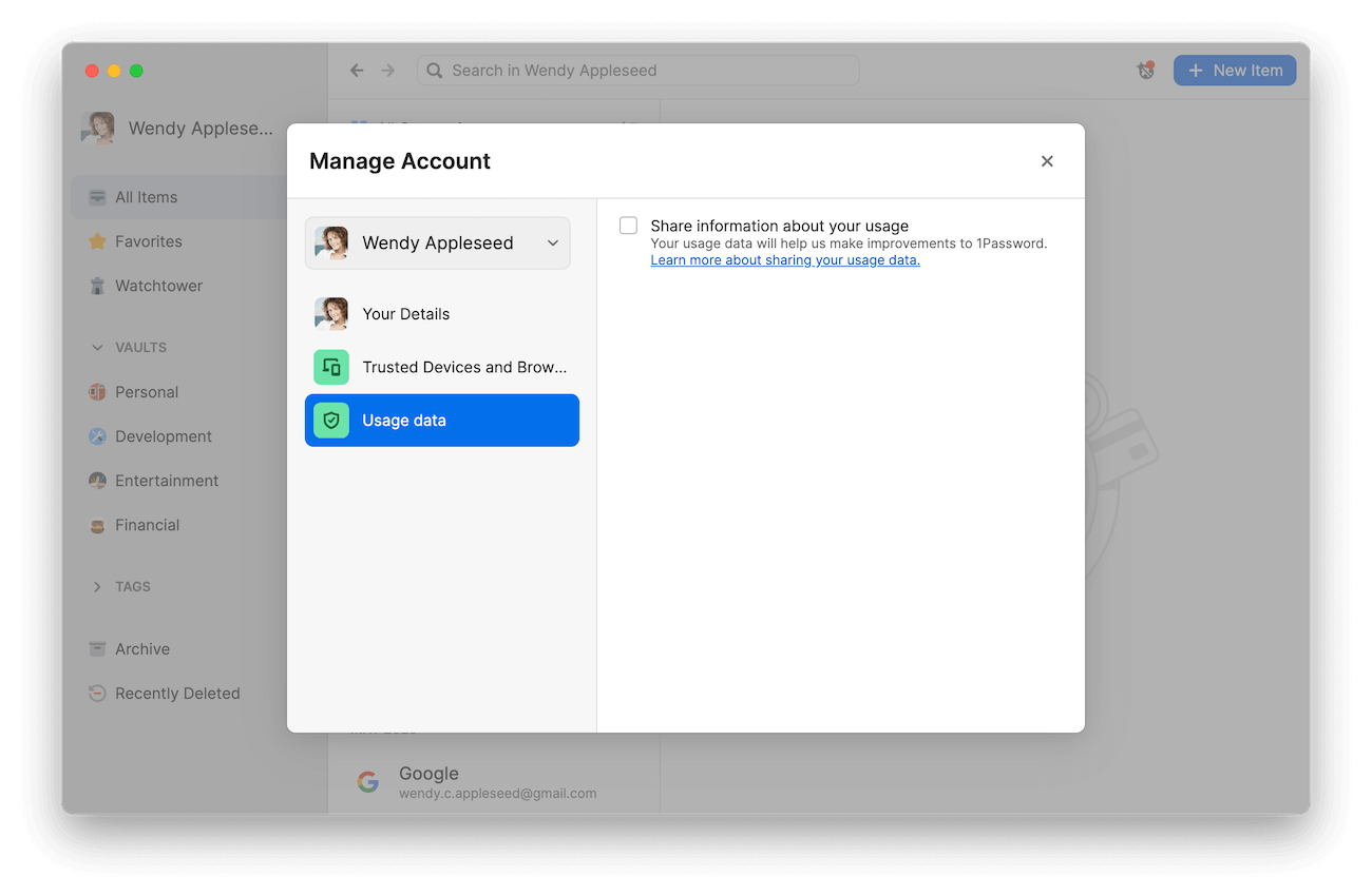 A screenshot showing the settings menu in 1Password where customers can update their telemetry preference.