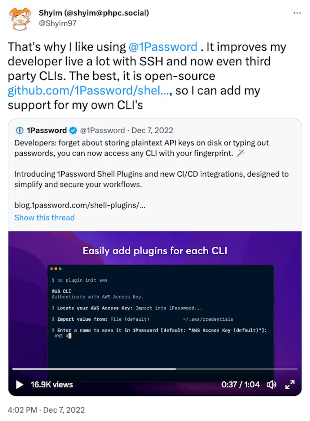 A tweet from Twitter user 'Shyim97' that reads: That's why I like using 1Password. It improves my developer life a lot with SSH and now even third party CLIs.