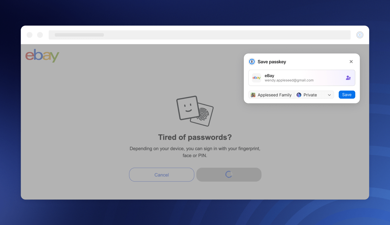 Screenshot of 1Password in the browser notifying the user where their newly-created passkey will be saved.