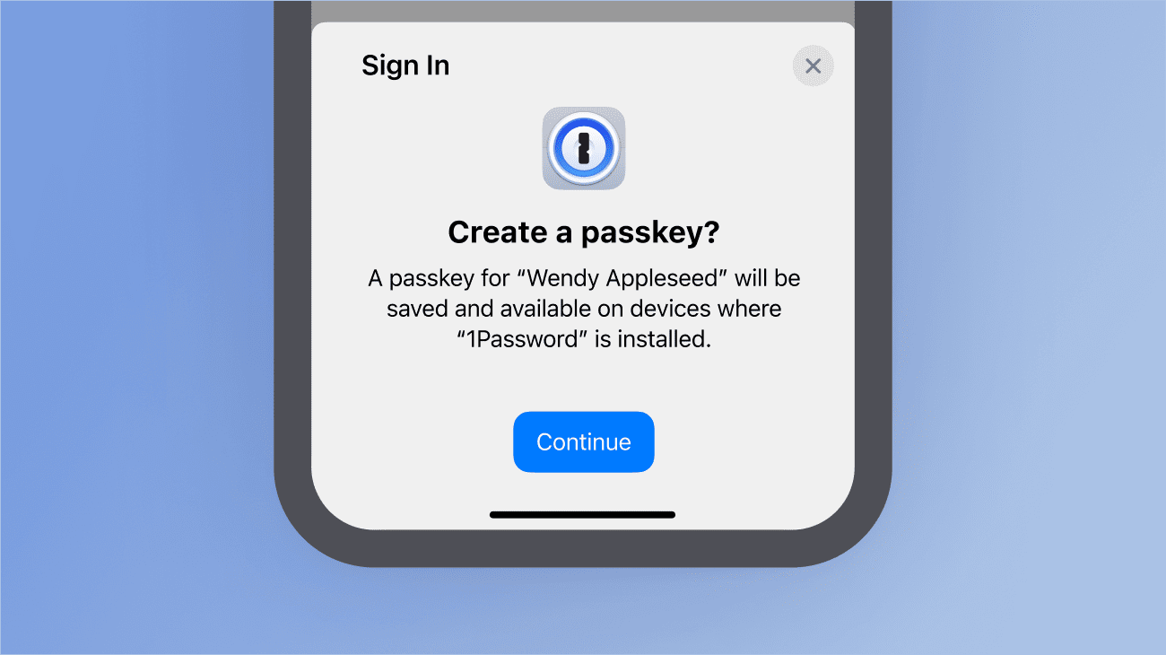 A screenshot showing a passkey being created with 1Password on a mobile device.
