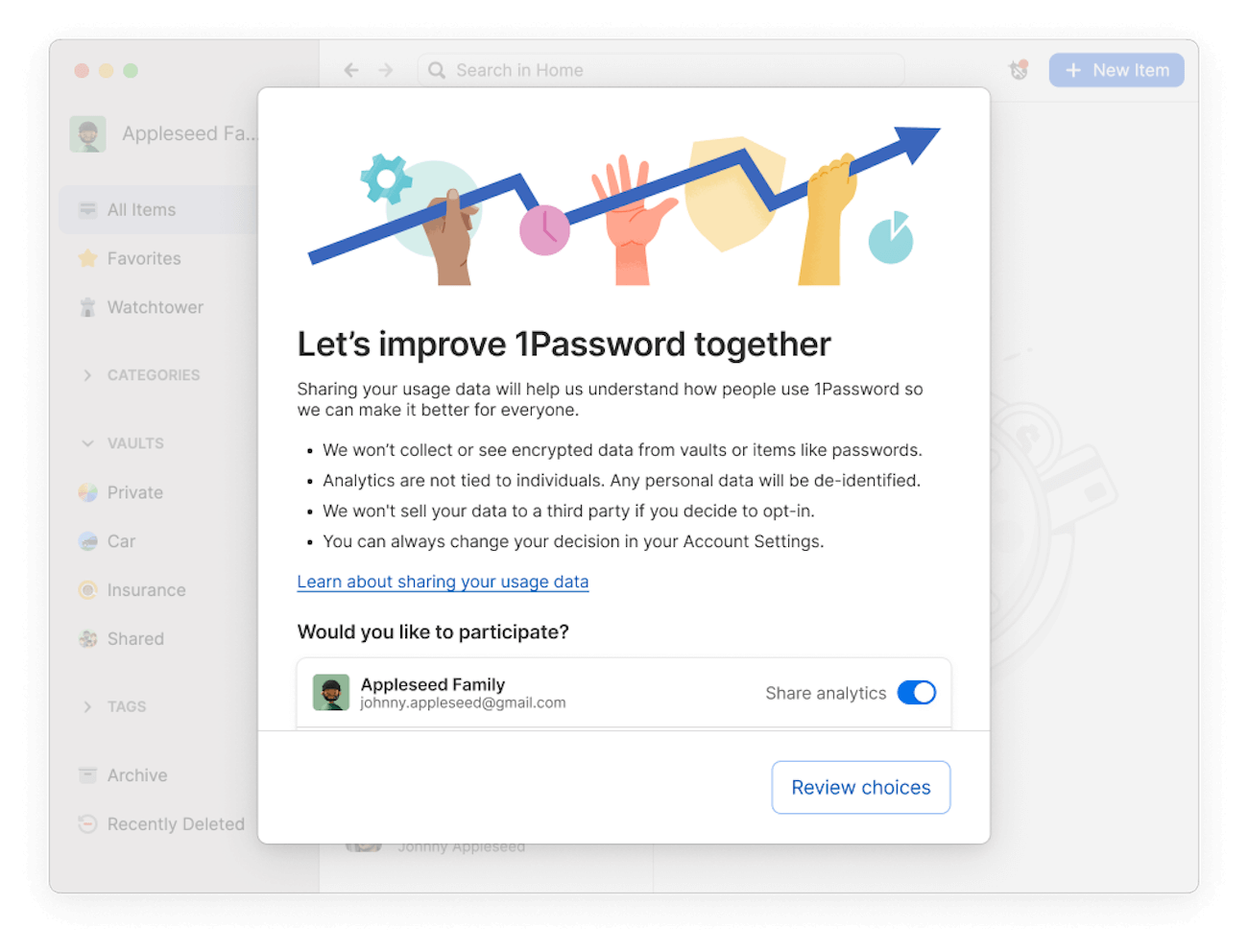 A screenshot showing the in-app message for 1Password's privacy-preserving telemetry system.