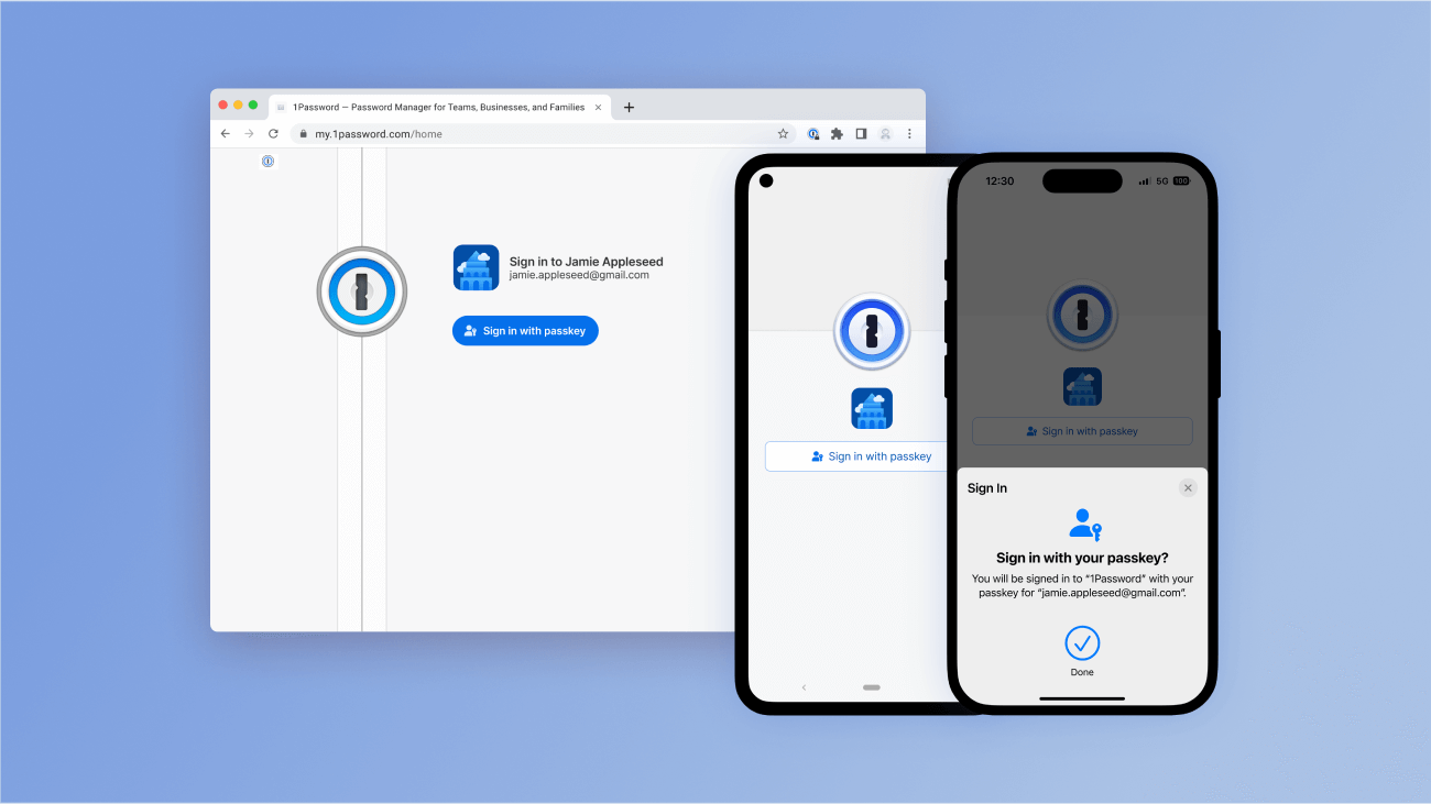 Three devices showing the option to sign in to 1Password with a passkey.