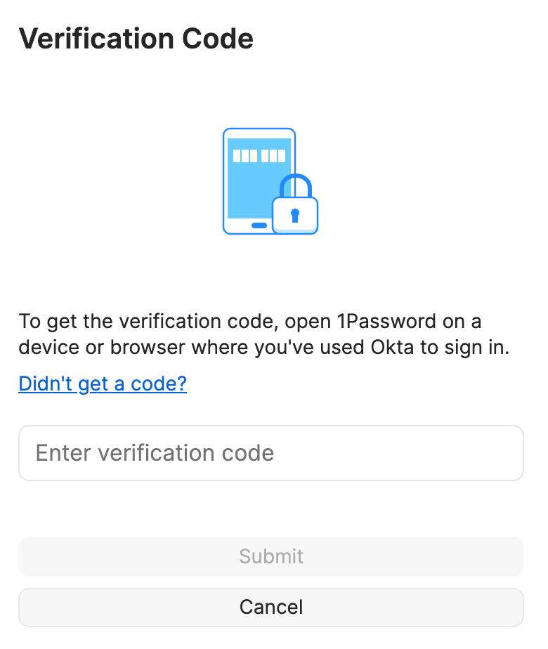 1Password screenshot showing a field to enter a verification code.